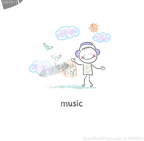 Image of A man listens to music. Illustration.