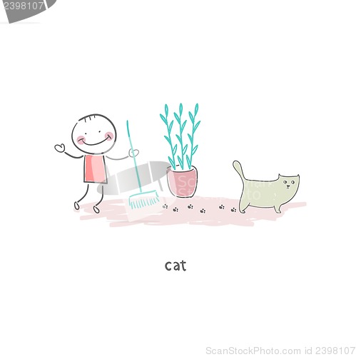 Image of Man cleaning up after the cat. Illustration.