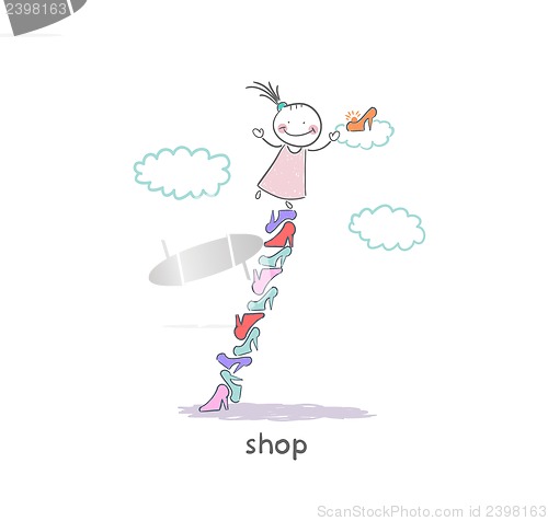 Image of A girl in a shoe shop. Illustration.