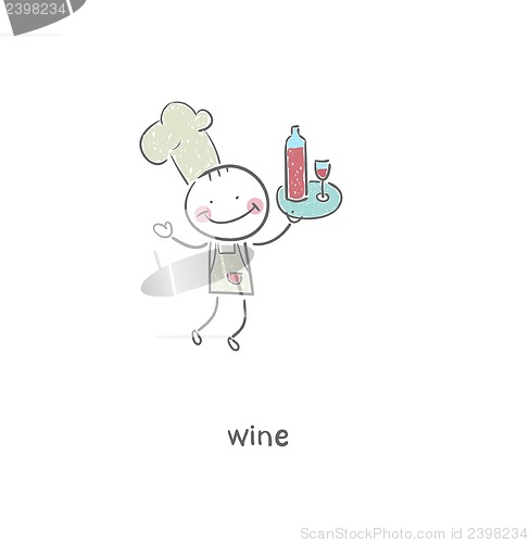 Image of Chef and wine. Illustration.