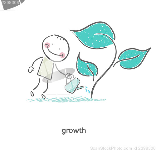 Image of Man watering a plant. Illustration.
