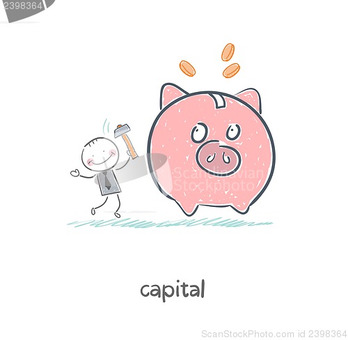 Image of Man breaks piggy bank with a hammer. Illustration.