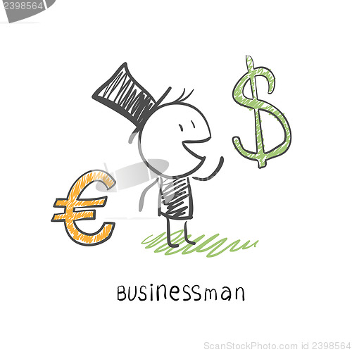 Image of Businessman chooses between two currencies, the Euro and Dolar. 