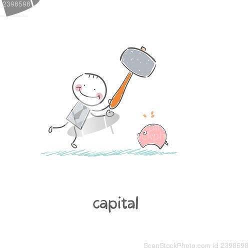 Image of Man breaks piggy bank with a hammer. Illustration.