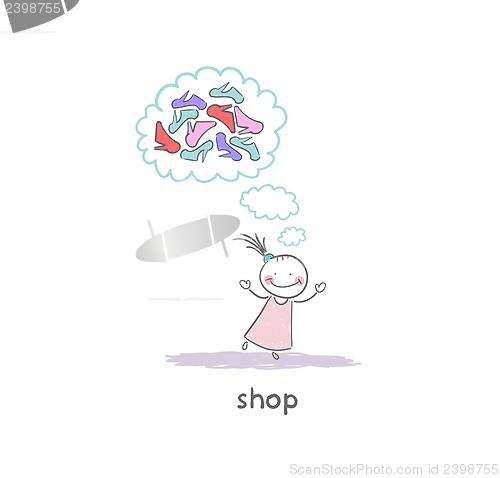 Image of A girl in a shoe shop. Illustration.