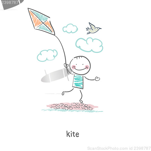 Image of A man with a kite. Illustration.