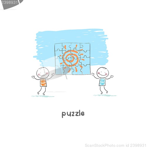 Image of Man and  puzzle. Illustration.