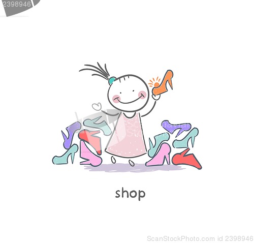 Image of A girl in a shoe shop. Illustration.