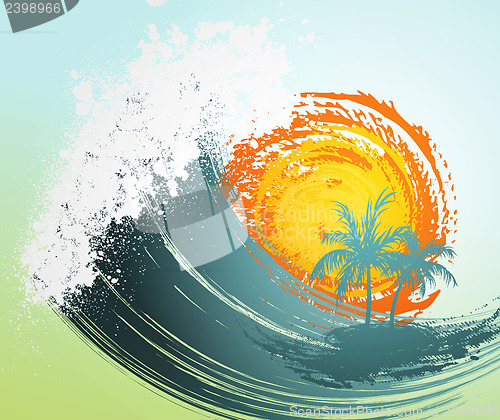 Image of Tropical background with palm, waves and sun