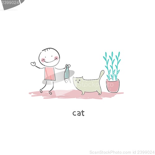 Image of Man feeds cat fish. Illustration.