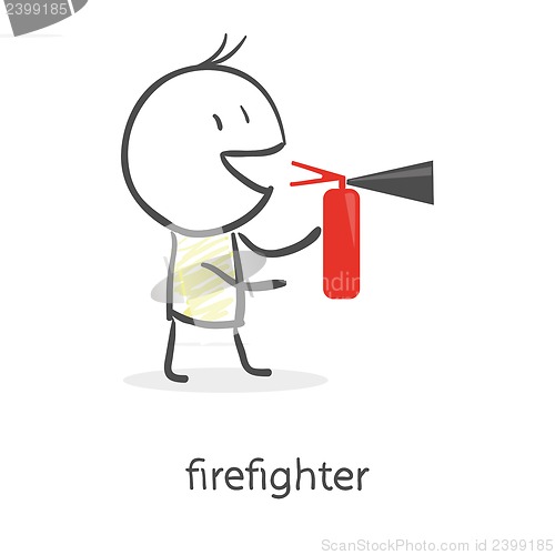 Image of Cartoon man holding a fire extinguisher