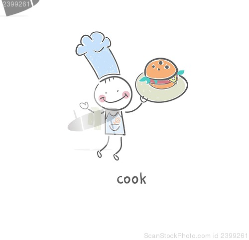 Image of Cook holds a hamburger.