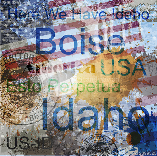 Image of Idaho. Word Grunge collage on background.