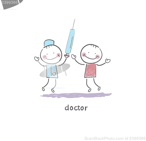 Image of Doctor Holding Syringe. Illustration.