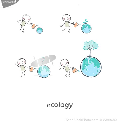 Image of The concept of ecological restoration. A man watering a tree. Il