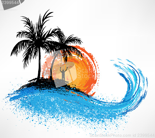 Image of Palm trees and ocean wave. Sunset