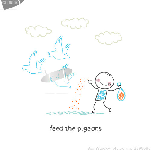 Image of man feeds pigeons