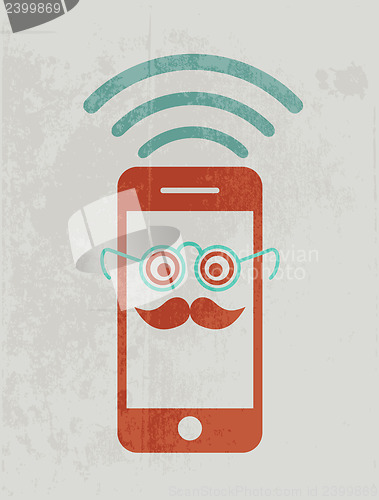 Image of Mobile phone wearing glasses. Geek concept.