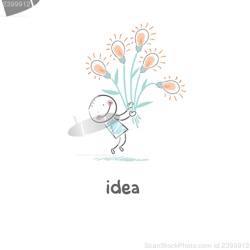 Image of A man holding a bouquet of light bulbs. Concept ideas.