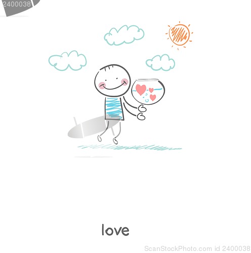 Image of Man holding tank with hearts. Illustration.