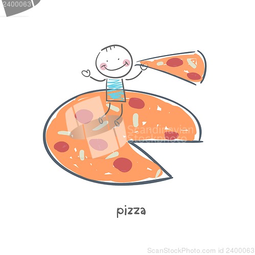 Image of Man eats pizza. Illustration.