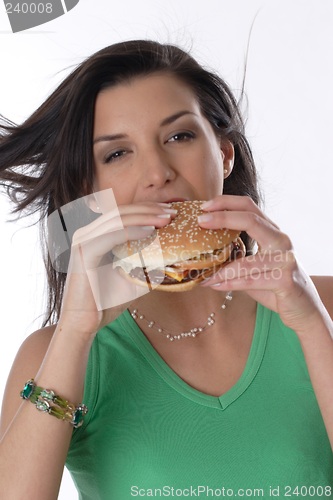 Image of Woman eating burger