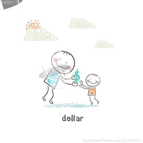 Image of Man giving dollars. Illustration.