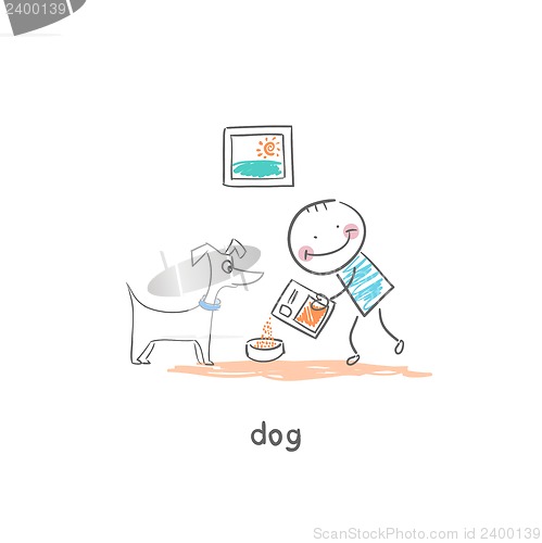 Image of A man feeds the dog. Illustration.