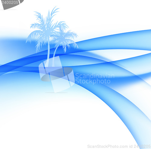 Image of Palm trees and abstract waves of the sea.