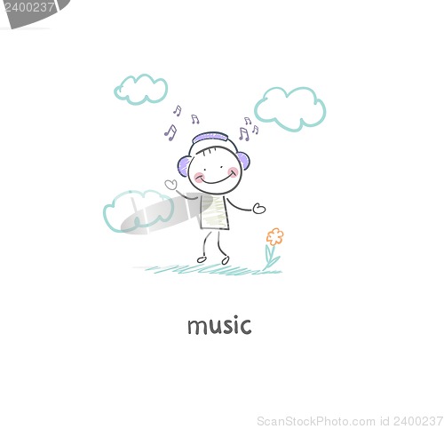 Image of A man listens to music. Illustration.