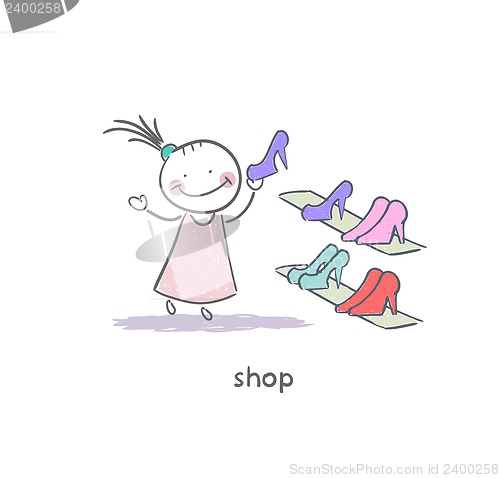 Image of A girl in a shoe shop. Illustration.