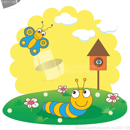 Image of Cute spring card with caterpillar and butterfly.
