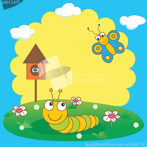 Image of Cute spring card with caterpillar and butterfly.