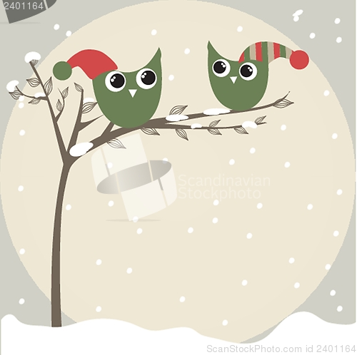 Image of simple card illustration of two funny cartoon owls with christmas hats on a branch