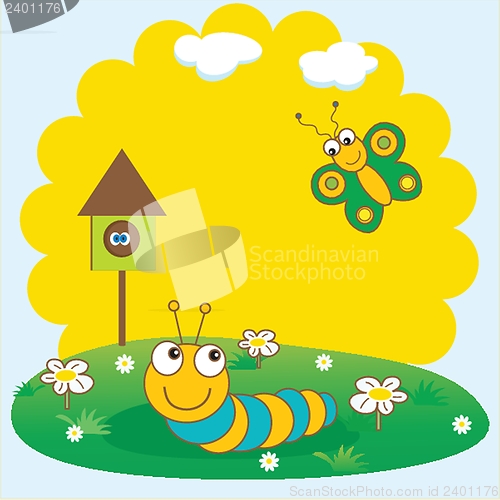 Image of Cute spring card with caterpillar and butterfly.