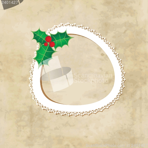 Image of Christmas background with holly berry leaves on dark green background