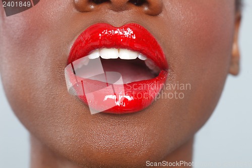 Image of Red Lips Makeup Detail With Sensual Open Mouth