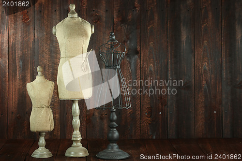 Image of Antique Mannequin Busts on Wood Grunge Background