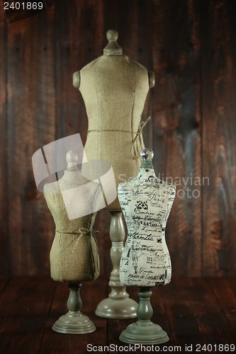 Image of Antique Mannequin Busts on Wood Grunge Background