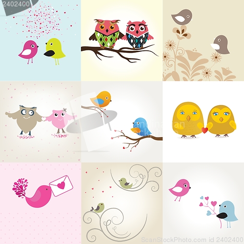 Image of Set of 9 valentines cards with cute birds couples
