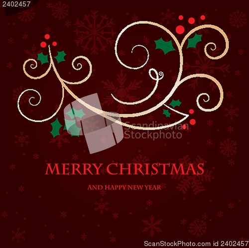 Image of Christmas background with holly berry leaves on dark green background