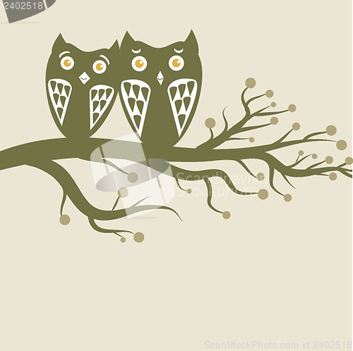 Image of Two cute owls on the tree branch