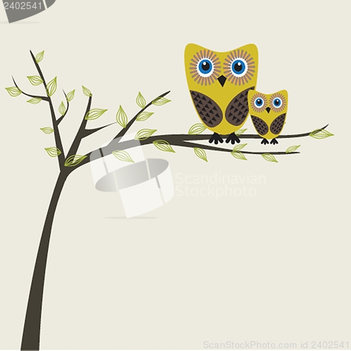 Image of Two cute owls on the tree branch