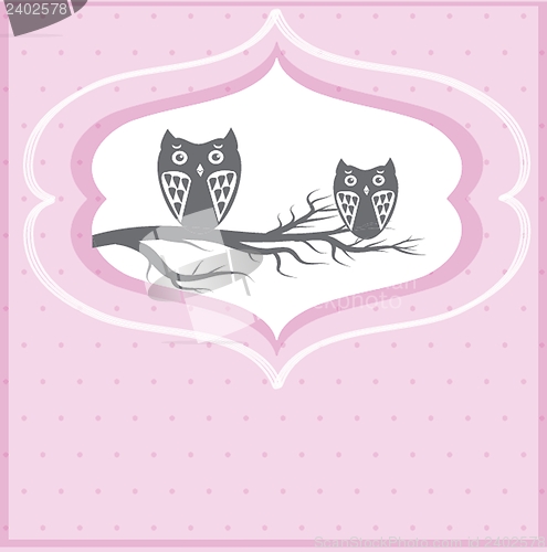 Image of Two cute owls on the tree branch