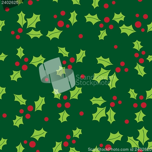 Image of Christmas background with holly berry leaves on dark green background