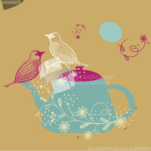 Image of Birds couple on the teapot, hand drawn vector illustration