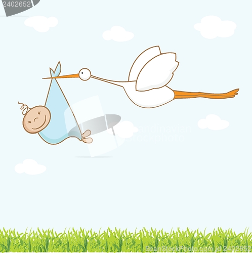 Image of Baby arrival card with stork that brings a cute boy