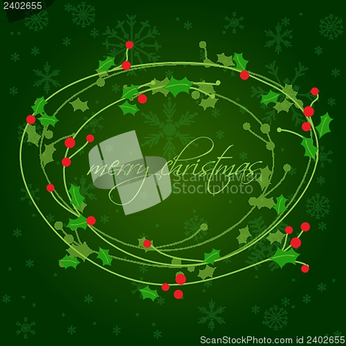 Image of Christmas background with holly berry leaves on dark green background