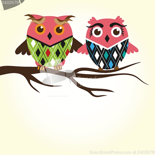 Image of Two cute owls on the tree branch