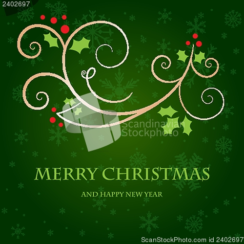 Image of Christmas background with holly berry leaves on dark green background